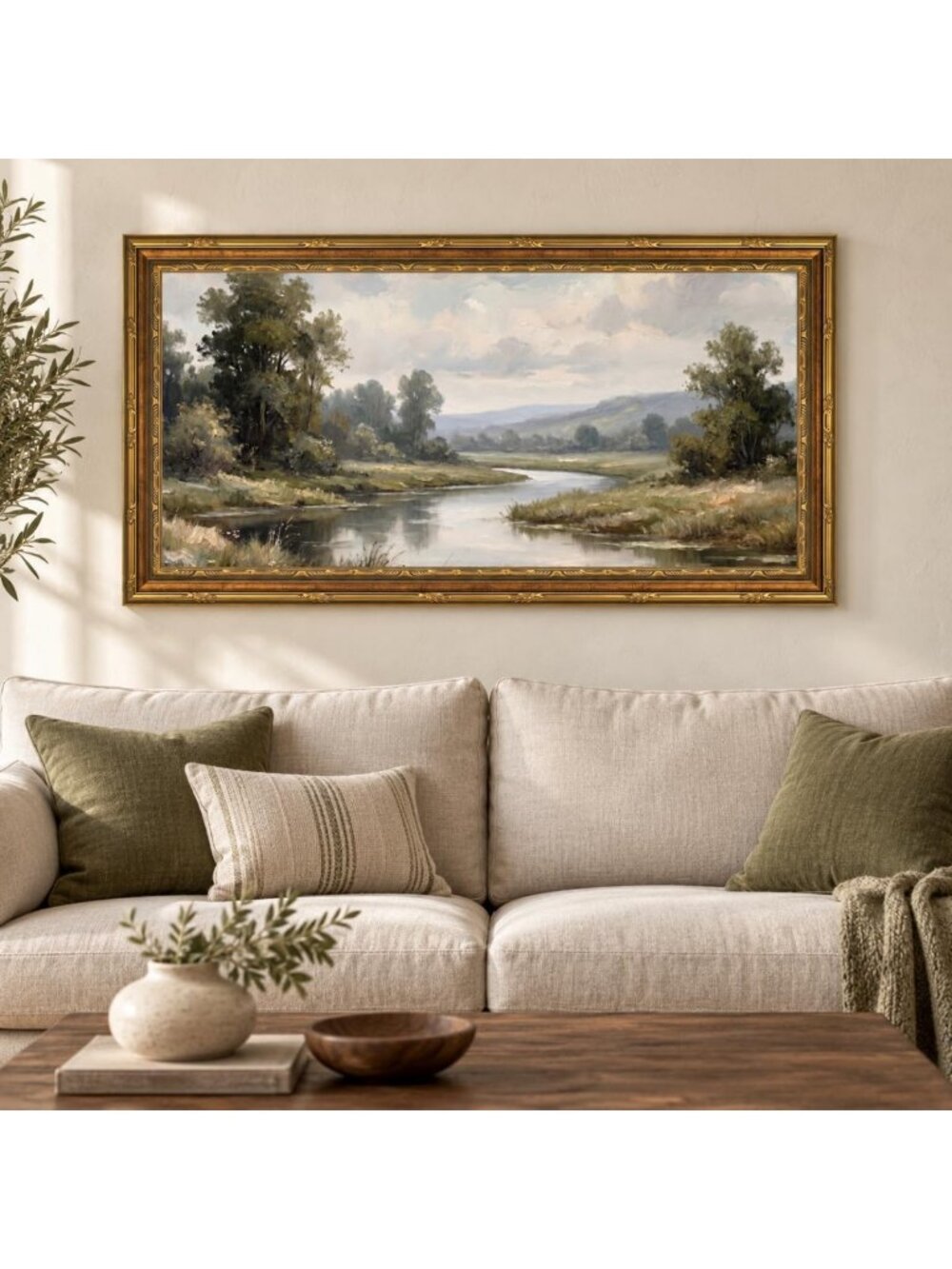 Extra Large Vintage Countryside River Landscape Framed Wall Art 16x32in Decor
